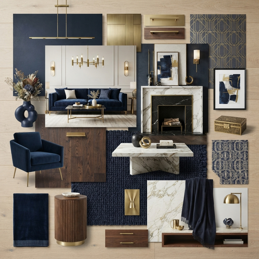 Navy & Brass interior design theme — Color Themes